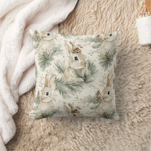 Green Pine Cones Bunny Rabbits Christmas Cushion