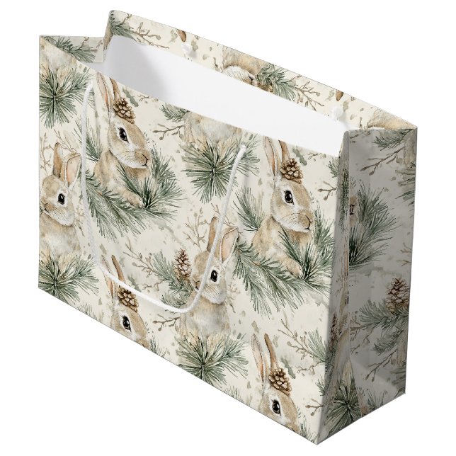 Green Pine Cones Bunny Rabbits Christmas Large Gift Bag (Front Angled)