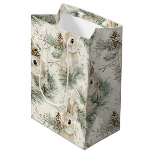 Green Pine Cones Bunny Rabbits Christmas Medium Gift Bag