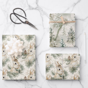 Green Pine Cones Bunny Rabbits Christmas Wrapping Paper Sheet
