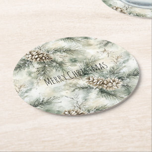 Green  Pine Cones Christmas Round Paper Coaster
