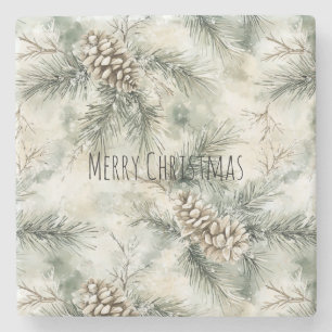 Green  Pine Cones Christmas Stone Coaster