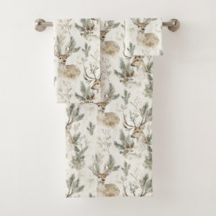Green Pine Cones Deer Christmas Bath Towel Set