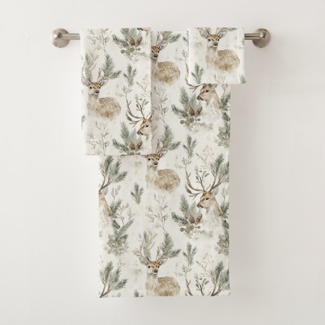 Green Pine Cones Deer Christmas Bath Towel Set (Insitu)