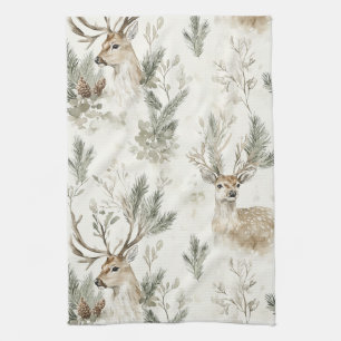 Green Pine Cones Deer Christmas Tea Towel