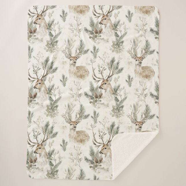 Green Pine Cones Deer  Sherpa Blanket (Front)