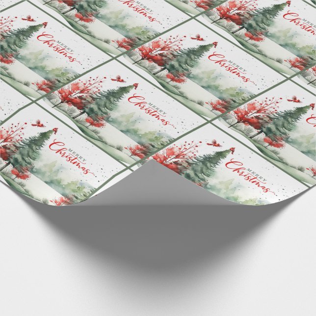 Green Pine Forest and Red Cardinal Birds Christmas Wrapping Paper (Corner)