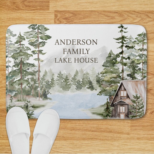 Green Pine Forest Family Lake House Cabin Bath Mat (In situ)