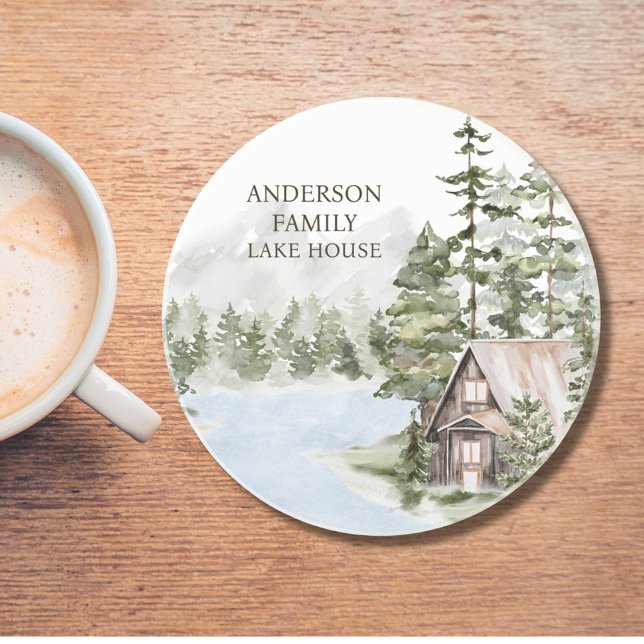 Green Pine Forest Family Lake House Cabin Coaster (In situ)