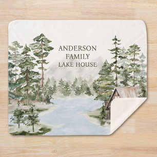 Green Pine Forest Family Lake House Cabin Sherpa Blanket