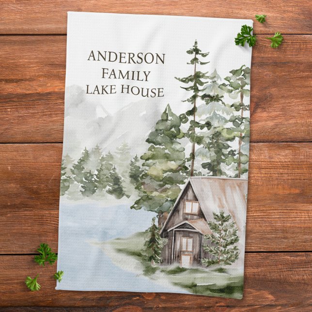 Green Pine Forest Family Lake House Cabin Tea Towel (Close up)