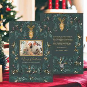 Green pine illustration gold Photo Merry Christmas Holiday Card