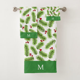 Green Pine Leaves and Berries Monogrammed Bath Towel Set