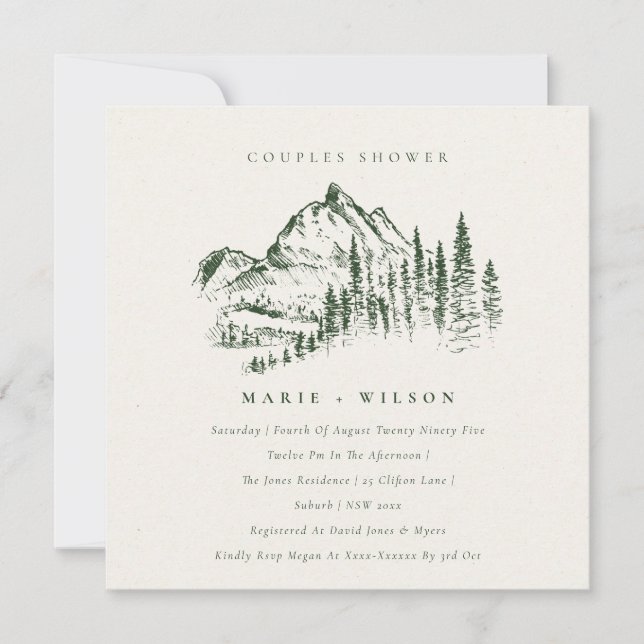 Green Pine Mountain Sketch Couples Shower Invite (Front)