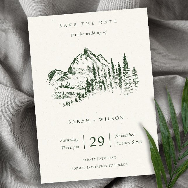 Green Pine Mountain Sketch Save The Date Card (Creator Uploaded)