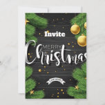 Green pine needles, golden lucky stars and gifts invitation<br><div class="desc">Green pine needles,  golden lucky stars and gifts
Green pine needles on blackboard showing branches of Christmas tree with golden bells and lucky stars for holiday invitation</div>