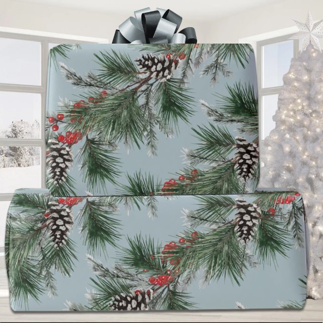 Green Pine Spruce Cones Red Berries Garland Blue Wrapping Paper (Creator Uploaded)