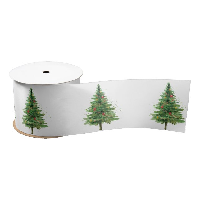 Green Pine Tree Christmas Balls Satin Ribbon (Spool)