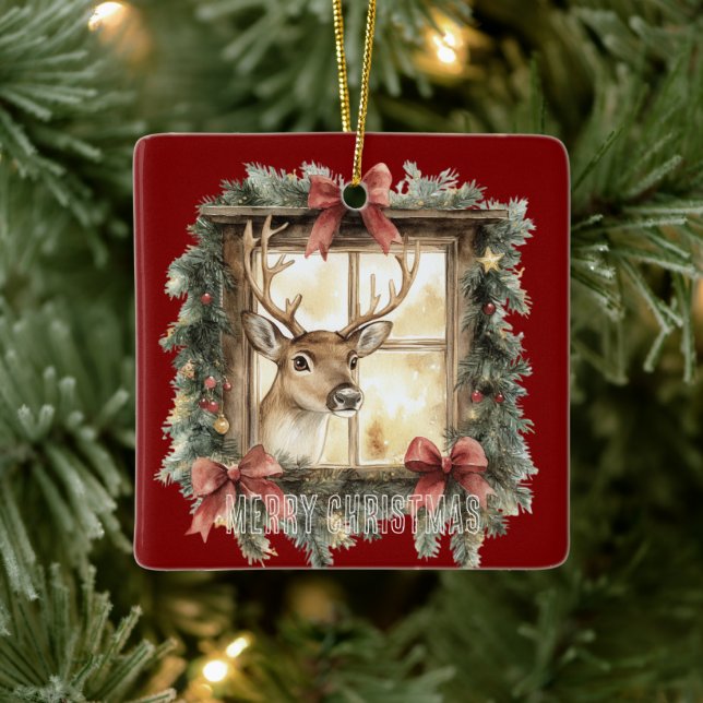 Green Pine Tree Christmas Deer in Window Ceramic Ornament (Tree)