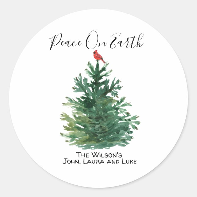 Green Pine Tree Red Cardinal Peace on Earth Custom Classic Round Sticker (Front)