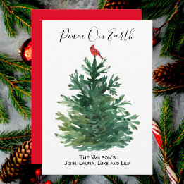 Green Pine Tree Red Cardinal Peace on Earth Custom Holiday Card