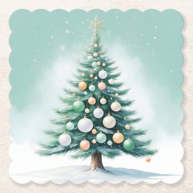 Green Pine Tree | Silver Green Orange Globes Paper Coaster (Front)