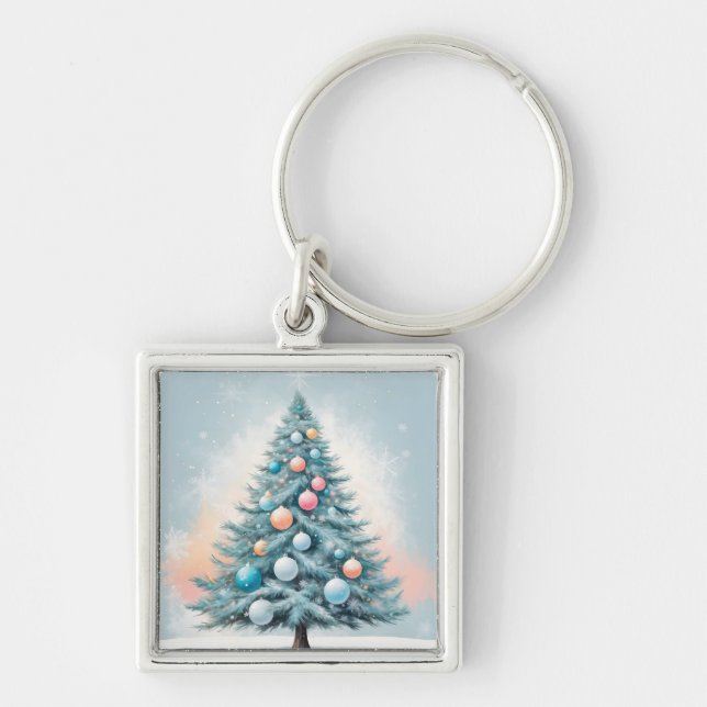 Green Pine Tree & Snowflakes | Blue Orange Coral O Key Ring (Front)