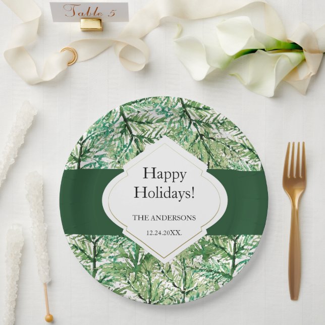 Green Pine Tree Watercolor Art Paper Plate (Wedding)