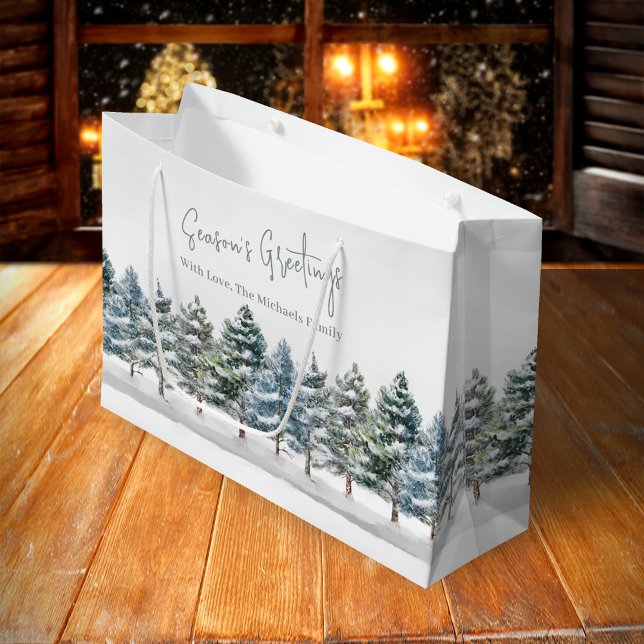 Green Pine Trees Christmas Personalised Large Gift Bag (Holiday custom gift bag with watercolor pine trees.)