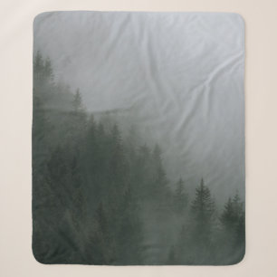 GREEN PINE TREES COVERED WITH FOG SHERPA BLANKET