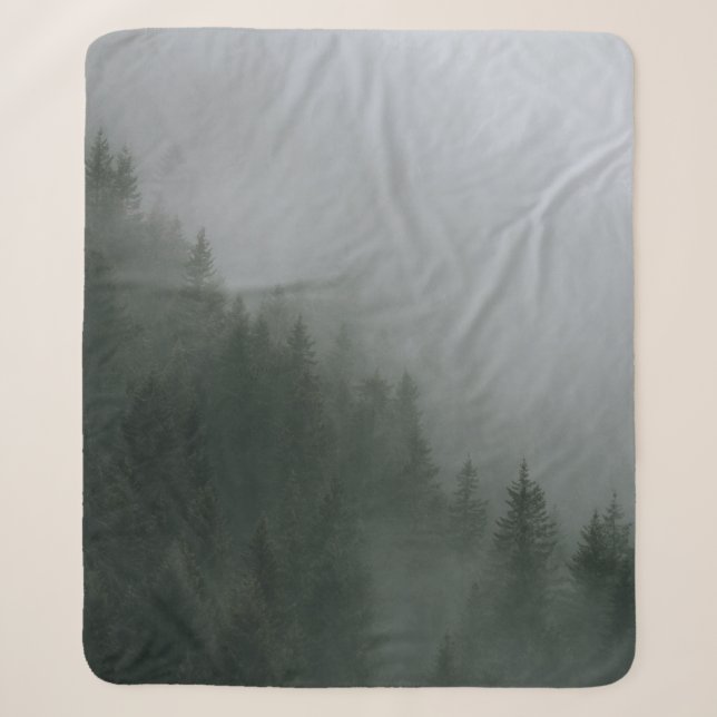 GREEN PINE TREES COVERED WITH FOG SHERPA BLANKET (Front)