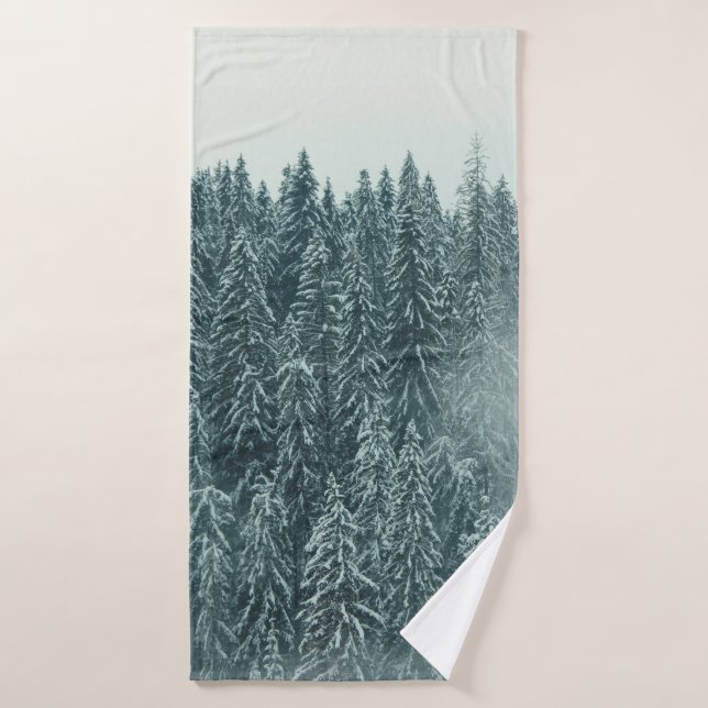 GREEN PINE TREES COVERED WITH SNOW BATH TOWEL (Bath Towel)