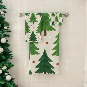 Green Pine Trees Holiday Watercolor Botanical Bath Towel Set
