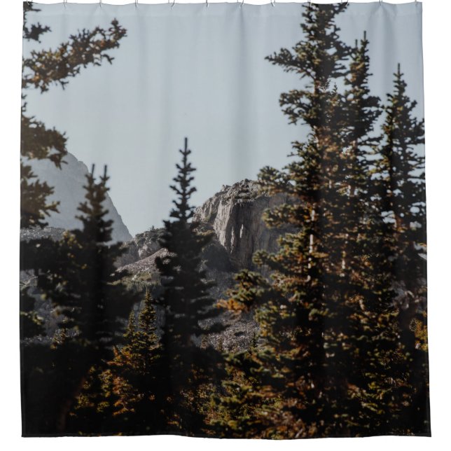 GREEN PINE TREES NEAR MOUNTAIN DURING DAYTIME SHOWER CURTAIN (Front)