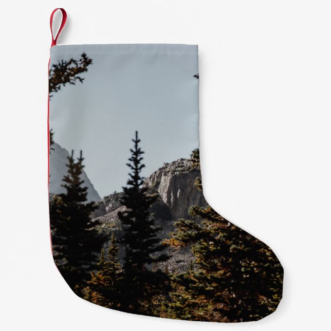 GREEN PINE TREES NEAR MOUNTAIN DURING DAYTIME SMALL CHRISTMAS STOCKING (Front)