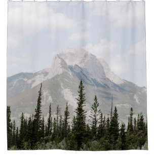 GREEN PINE TREES NEAR MOUNTAIN UNDER WHITE CLOUDS SHOWER CURTAIN