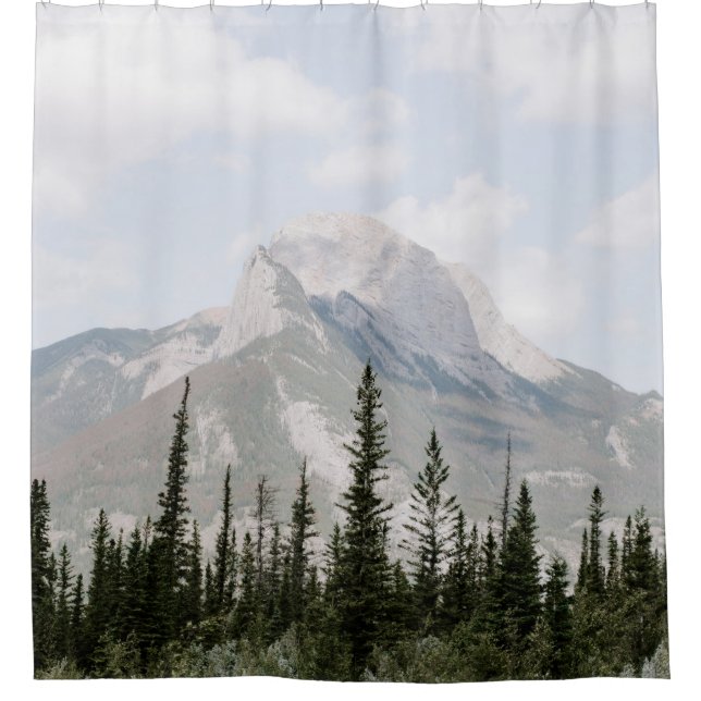 GREEN PINE TREES NEAR MOUNTAIN UNDER WHITE CLOUDS SHOWER CURTAIN (Front)