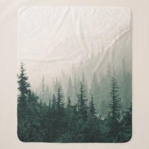 GREEN PINE TREES ON FOGGY WEATHER SHERPA BLANKET