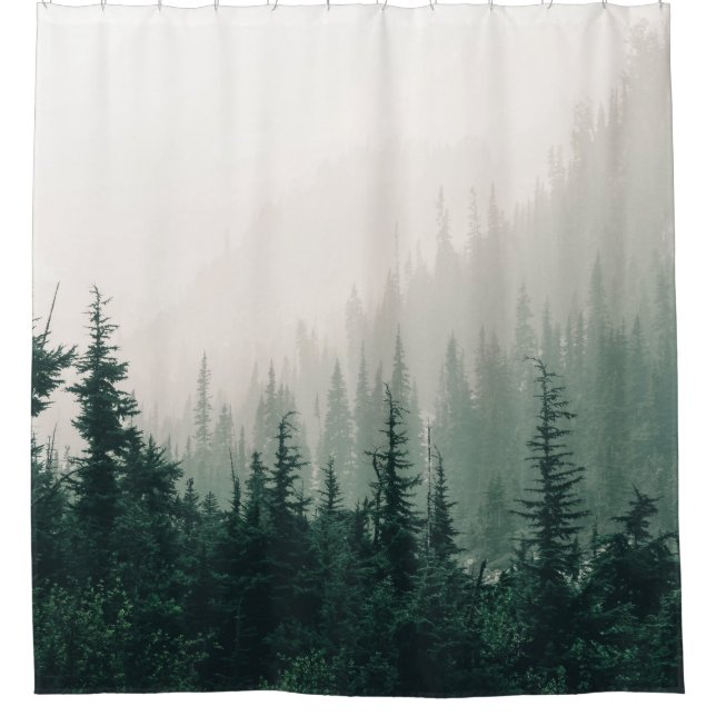GREEN PINE TREES ON FOGGY WEATHER SHOWER CURTAIN (Front)