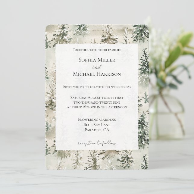 Green Pine Trees Wedding Invitation (Standing Front)