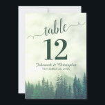 Green Pine Trees Wedding Table Number Card Large<br><div class="desc">These beautiful wedding table number cards feature an elegant yet rustic design with a fancy script calligraphy title and a backdrop of green mountain pine trees shrouded in mist or fog. These cards are larger than standard making it easy for your guests to find their tables. Perfect way to make...</div>