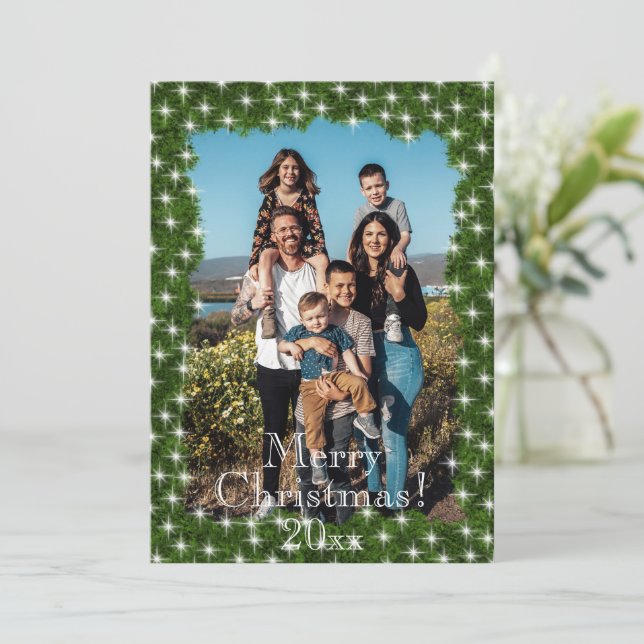Green Pine Twinkle Lights Photo Personalised Holiday Card (Standing Front)