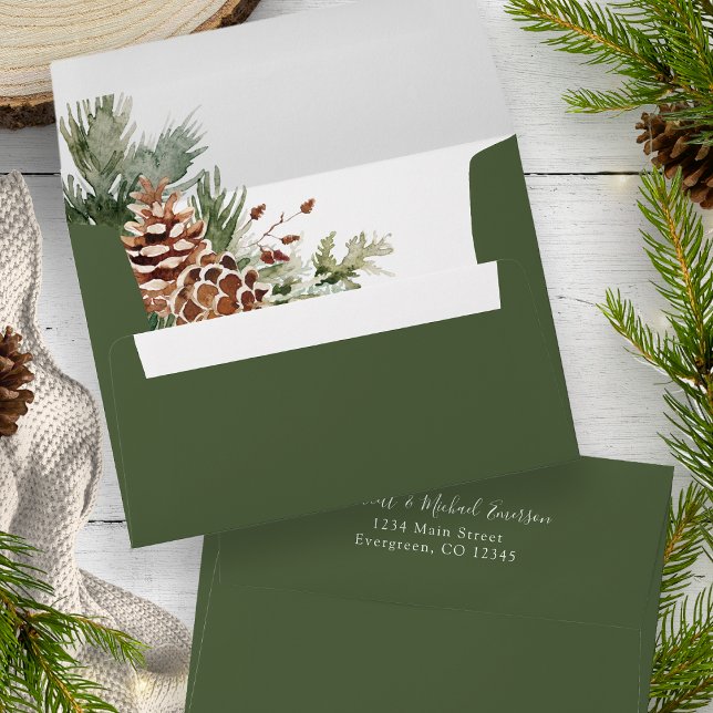 Green Pine Wedding Envelope (Watercolor Winter Green Pinecone Wedding Envelope by Painted Paperie
)