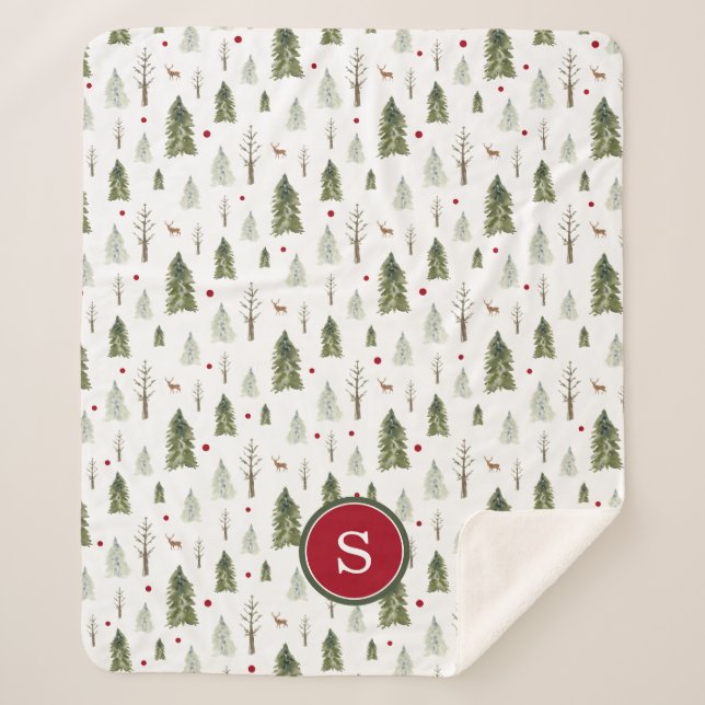 Green Pine Winter Forest Watercolor Monogram Sherpa Blanket (Front)