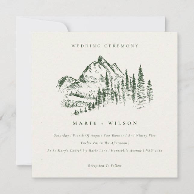 Green Pine Woods Mountain Sketch Wedding Invite (Front)