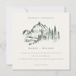 Green Pine Woods Mountain Sketch Wedding Invite