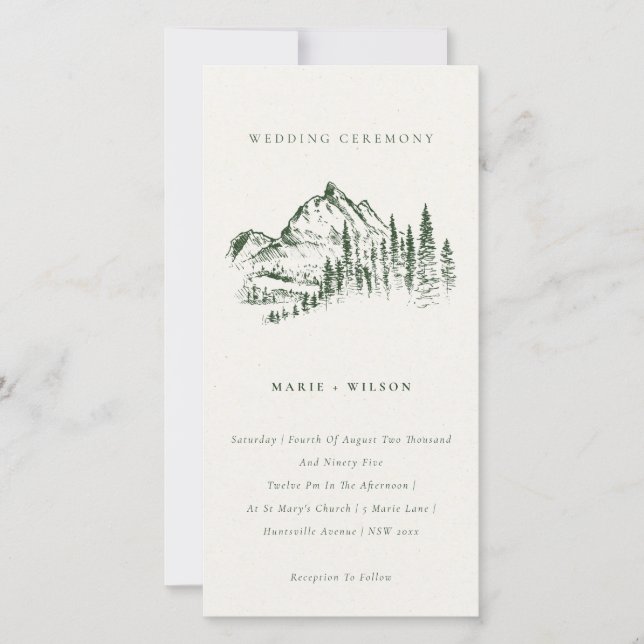 Green Pine Woods Mountain Sketch Wedding Invite (Front)
