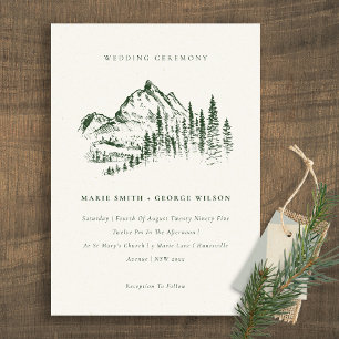 Green Pine Woods Mountain Sketch Wedding Invite