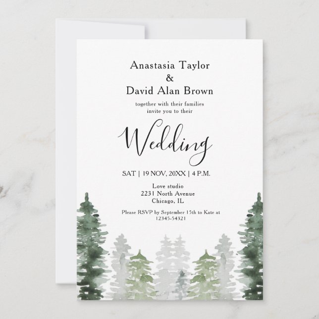 Green Pines Mountain Winter Wedding Invitation (Front)