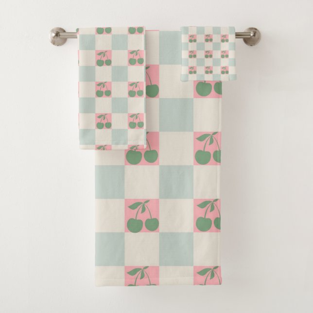 Green Pink Aesthetic Cherry Chequered Y2K Pattern Bath Towel Set (Insitu)